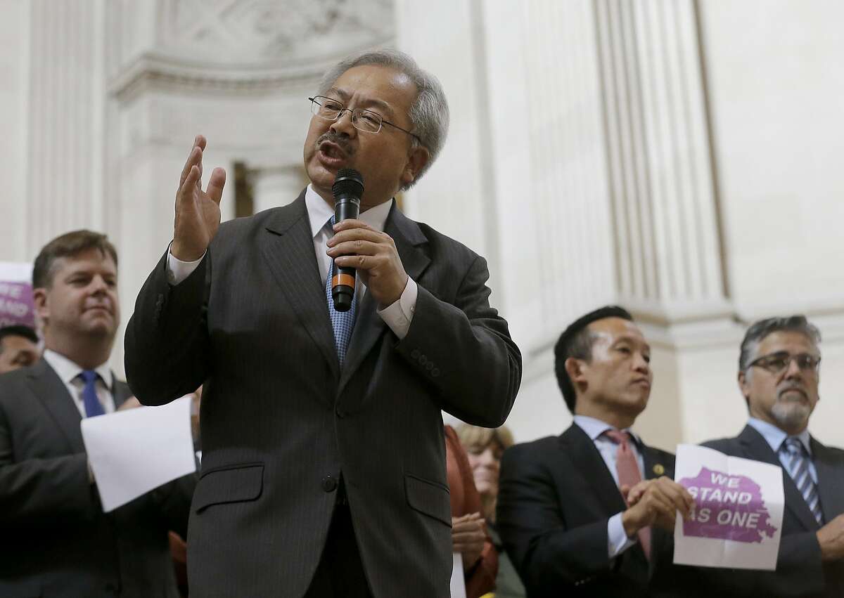 San Francisco Mayor Ed Lee speaks during a meeting at City Hall in San Francisco by city leaders and community activists to reaffirm the city's commitment to being a sanctuary city in response to Donald Trump's support of deportations and other measures against immigrants Monday, Nov. 14, 2016.