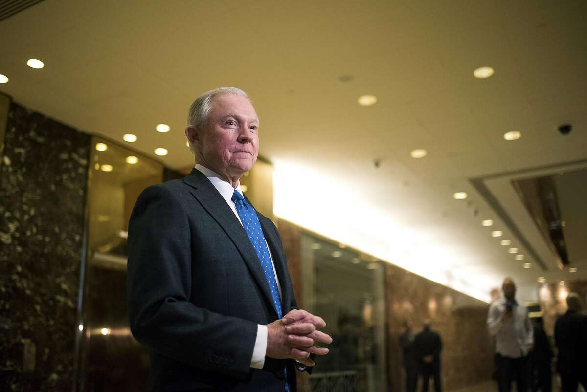 FILE-- Sen. Jeff Sessions (R-Ala.) speaks to reporters in the Trump Tower lobby on Fifth Avenue in Manhattan, Nov. 17, 2016. Trump selected Sessions, who has made cracking down on undocumented immigrants a signature issue, to be his attorney general, while installing Michael Flynn, a retired lieutenant general who believes Islamist militancy poses an existential threat, as his national security adviser. (Hilary Swift/The New York Times)