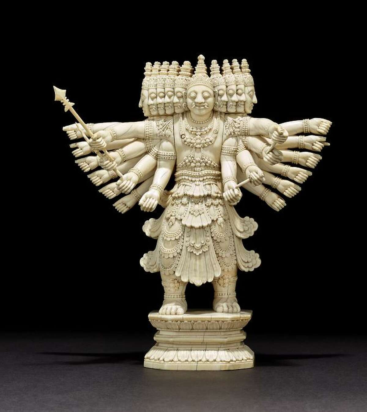 The ivory “Ravana” (c. 1800-75), depicts the 10-headed demon that abducted Rama’s wife.