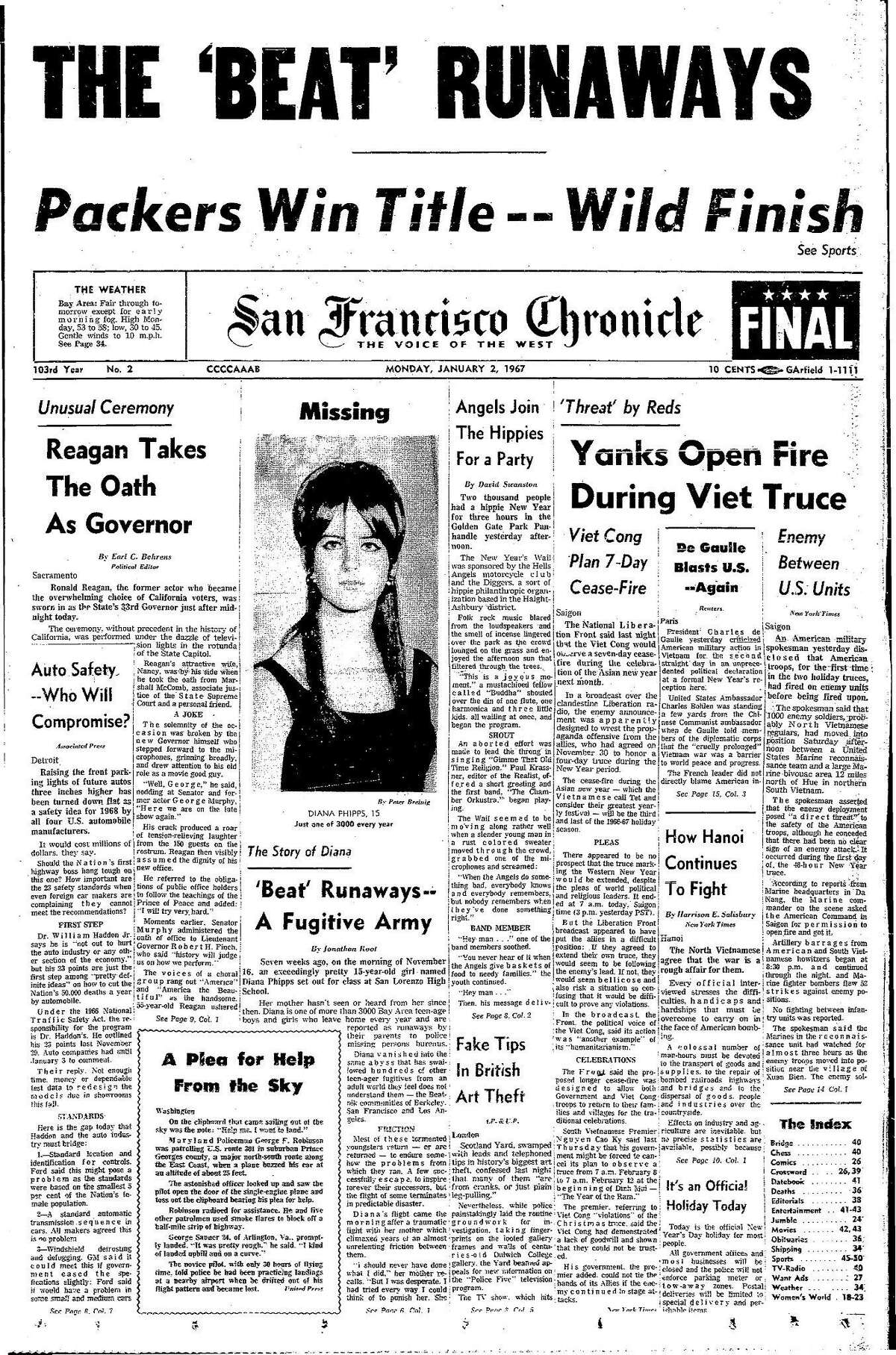 历史纪事第一版1967年1月2日旧金山处理离家出走的人涌向城市。罗纳德·里根就任州长，地狱天使和嬉皮在狭长地带Chron365, Chroncover一起参加新年派对