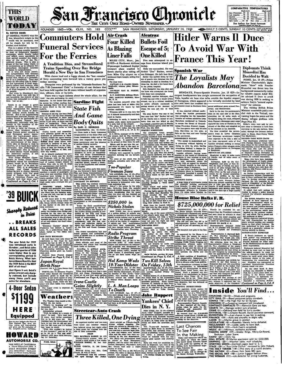 Chronicle Covers: A 1939 front page overflowing with news