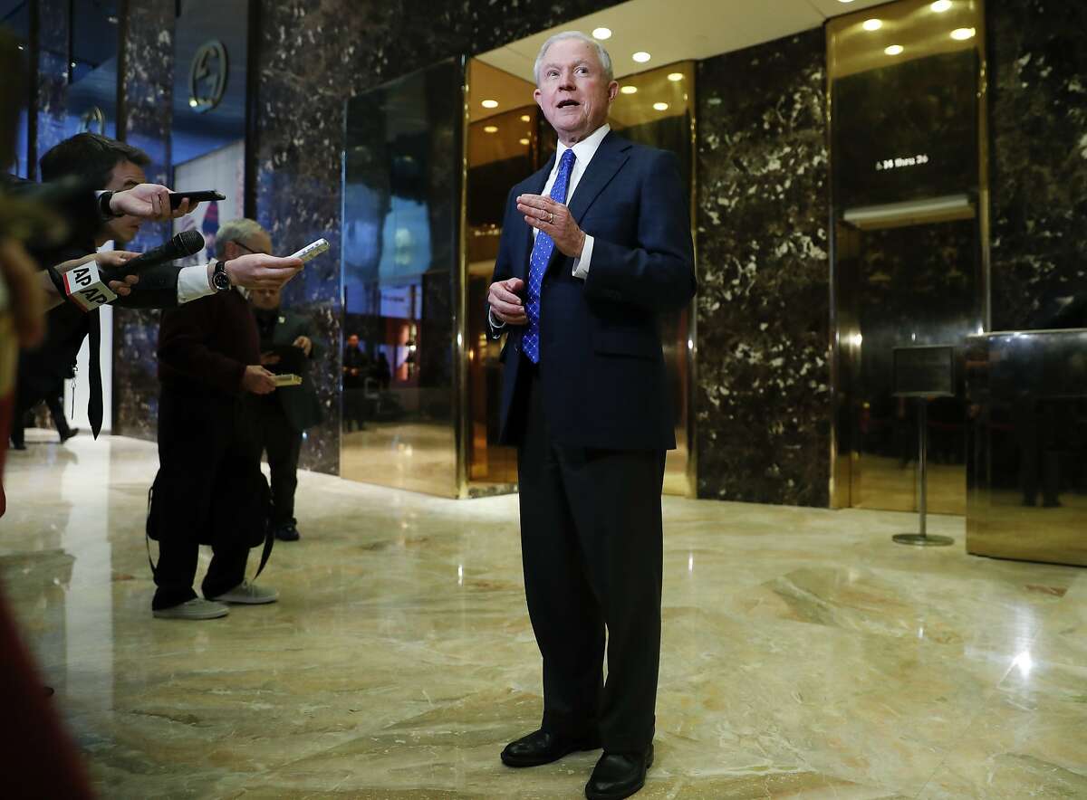 In this photo taken Nov. 17, 2016, Sen. Jeff Sessions, R-Ala. speaks to media at Trump Tower in New York. President-elect Donald Trump has picked Sessions for the job of attorney general. (AP Photo/Carolyn Kaster)