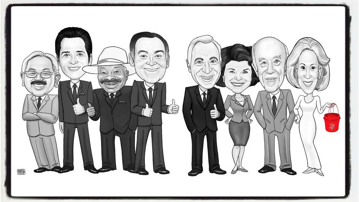 The Salvation Army commissioned a knockout illustration by artist Marcus Sakoda for the Salvation Army lunch honoring Charlotte Shultz . Pictured (from left) Mayors Ed Lee, Gavin Newsom, Willie Brown, Frank Jordan, Art Agnos, Dianne Feinstein, George Shultz and his wife, Protocol Chief Charlotte Shultz. Nov 2017.