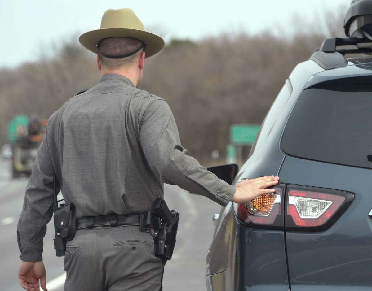 Trooper Emmett Kinzel participates in a week-long enforcement initiative targeting speeding and aggressive drivers across the state Friday afternoon April 18, 2014 on I-87 in Latham, N.Y. (Skip Dickstein / Times Union archive)