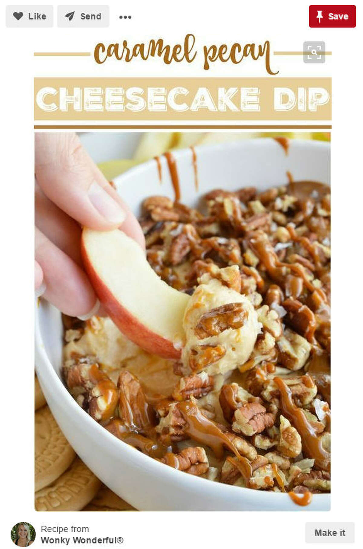 Dish: Salted caramel pecan cheeseckae dip Time to make: 5 minutes Recipe: Wonky Wonderful Source: Pinterest