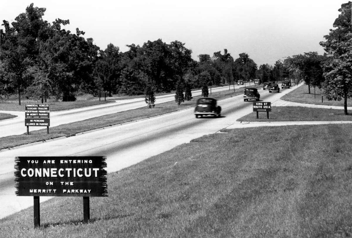 Early 1940's a sign welcomes motorists to Connecticut on the Merritt Parkway at the New York line in Greenwich . CT Departmen of Transportation photo.