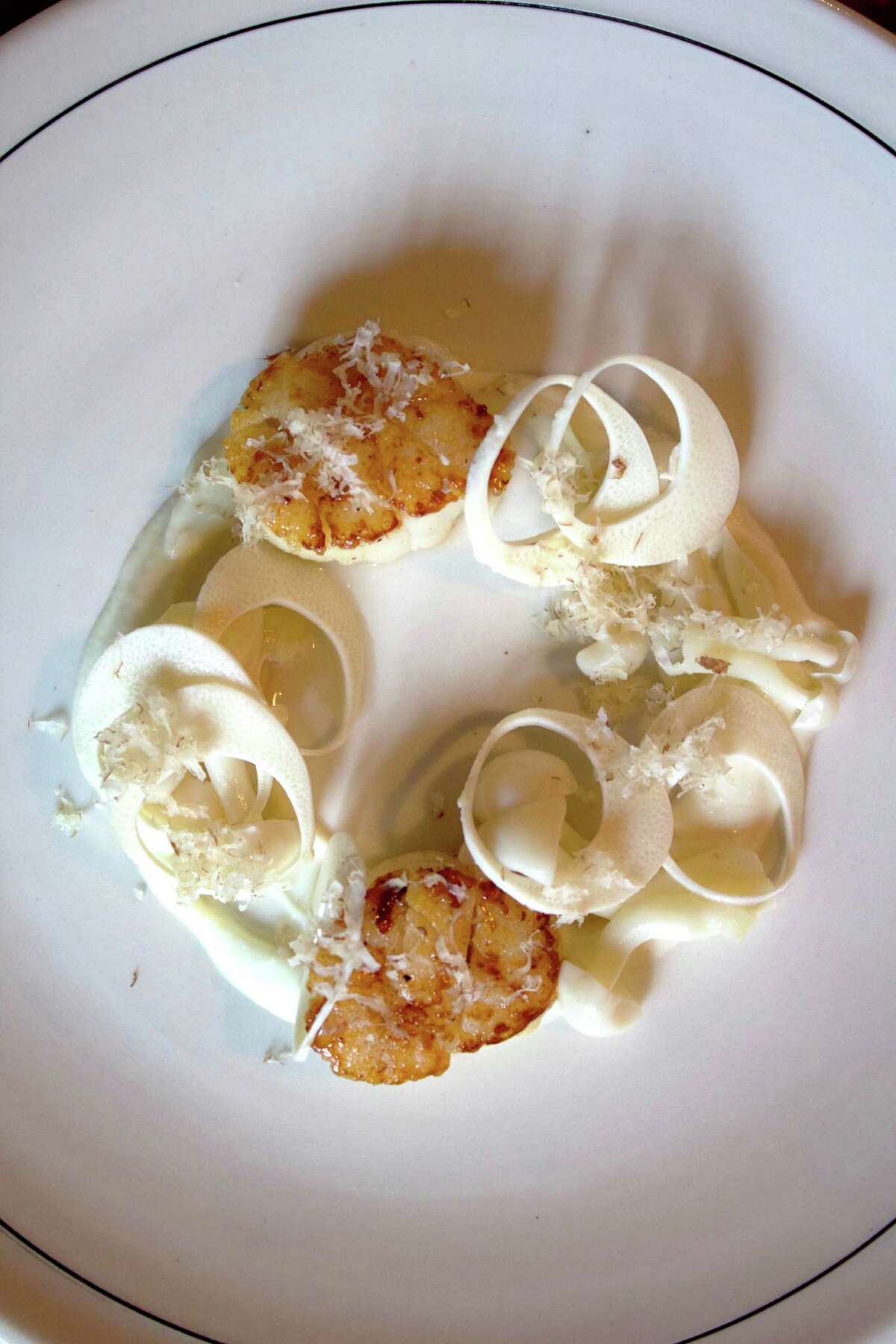 Hotate shiro: scallop, heart of palm, and Hon Shimeji (white beech) mushrooms from chef Lance Gillum at Uchi Houston.