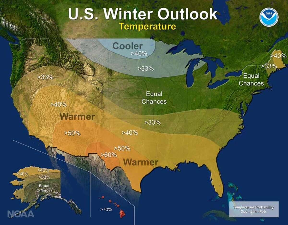 The U.S. winter outlook for temperature in 2016. The south is expected to have warmer-than-normal conditions, while northwest states are expected to have colder-than-normal conditions.