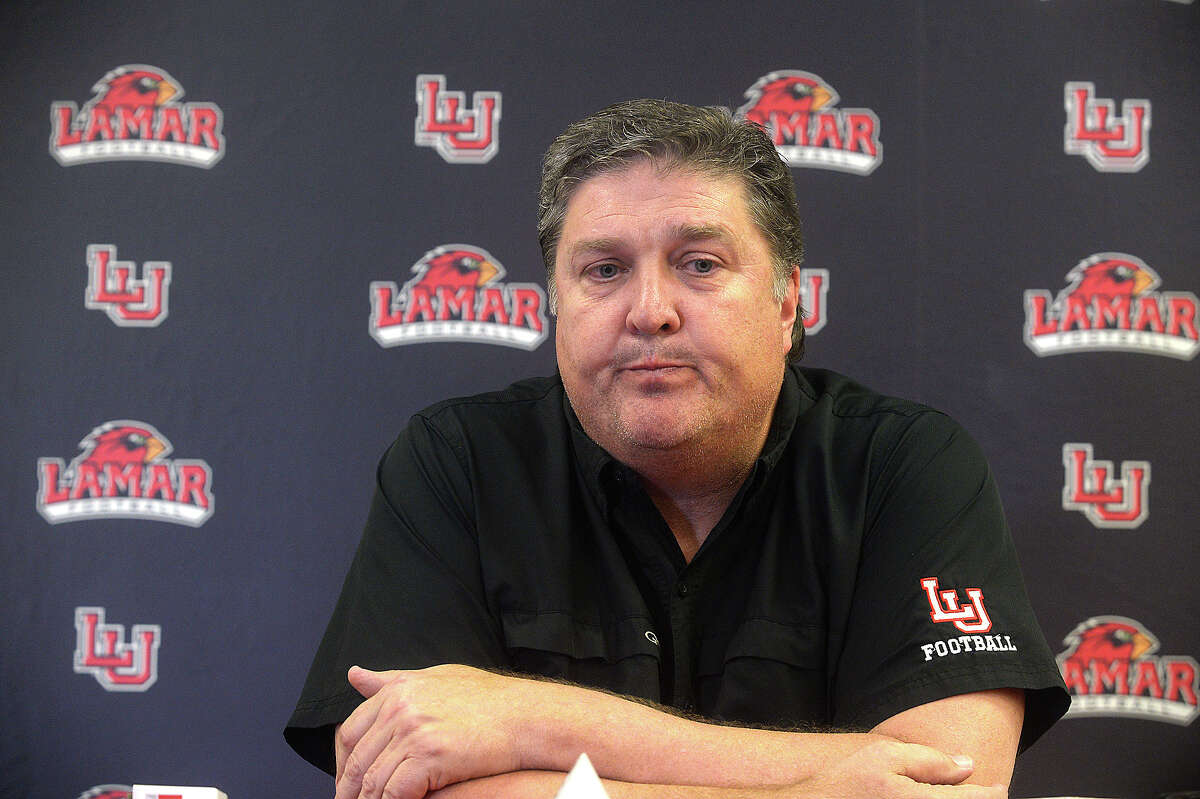 Lamar University head football coach Ray Woodard addresses the media to announce that he will not be returning as coach of the Cardinals. Woodard was hired in 2008 and helped resurrect the university's football program, with the Cardinals making their return to the field in 2010 after a 21-year absence. Athletic Director Jason Henderson says they will begin searching immediately for the best head coach to help lead the team forward. Woodard, who noted the strong ties his family has built within the Golden Triangle, says he will be carefully considering his future and which direction that may take. Woodard met first with the team after learning of his termination before issuing a public statement. Photo taken Monday, November 21, 2016 Kim Brent/The Enterprise