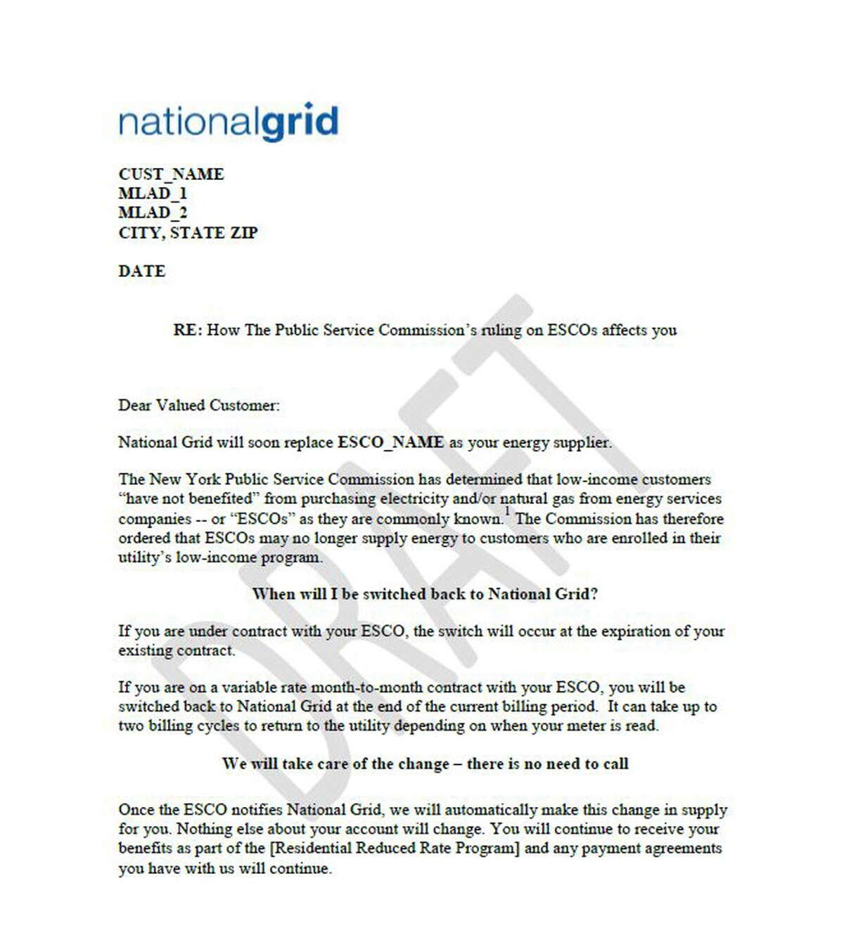 A sample letter sent out by National Grid to customers regarding alternative energy suppliers and the state's regulatory action against them. A court ruling has blocked the letters taking effect.