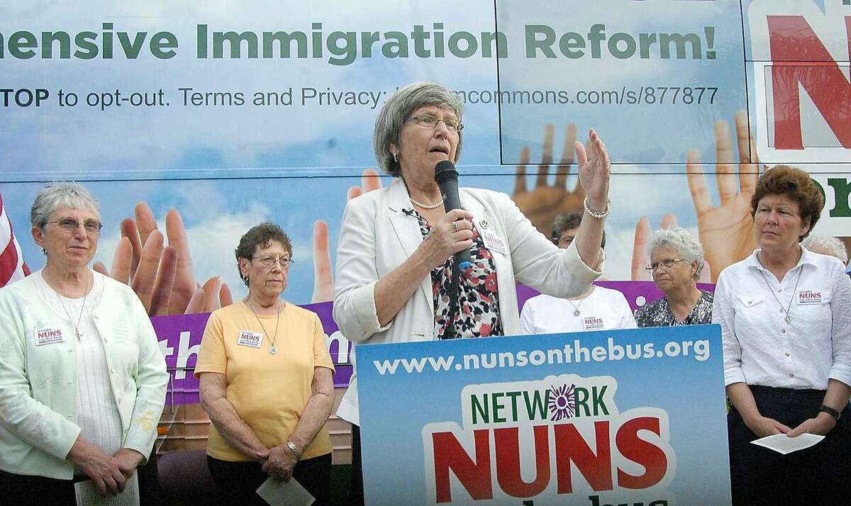 Sister Simone Campbell speask during the Network Nuns on the Bus campaign outside of the Mercy Ministries of Laredo Sunday afternoon.