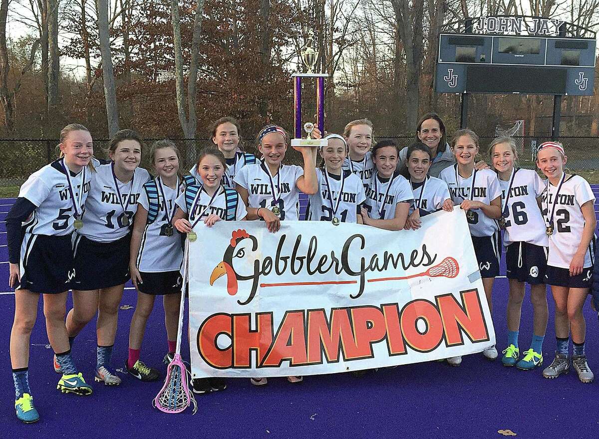 The Wilton 7th Grade Girls Champions of the 2016 Gobbler Games at John Jay High School on Saturday, Nov. 19. PLayers include, from left, Catherine Dineen, Kathleen Lamanna, Halley Costello, Sophie Essig, Meghan Chapey, Abby Morris, Amelia Hughes, Ellie Coffey, Sophia Polito, Olivia Rossi, Coach Katie Denious, Morgan Lebek, Grace Denious, and Gwynn Sullivan.