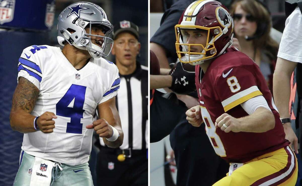 At left, in an Oct. 30, 2016, file photo, Dallas Cowboys quarterback Dak Prescott (4) celebrates after scoring on a running play in the first half against the Philadelphia Eagles, in Arlington. At right, in an Oct. 2, 2016, file photo, Washington Redskins quarterback Kirk Cousins (8) celebrates after a touchdown during the first half against the Cleveland Browns, in Landover, Md.