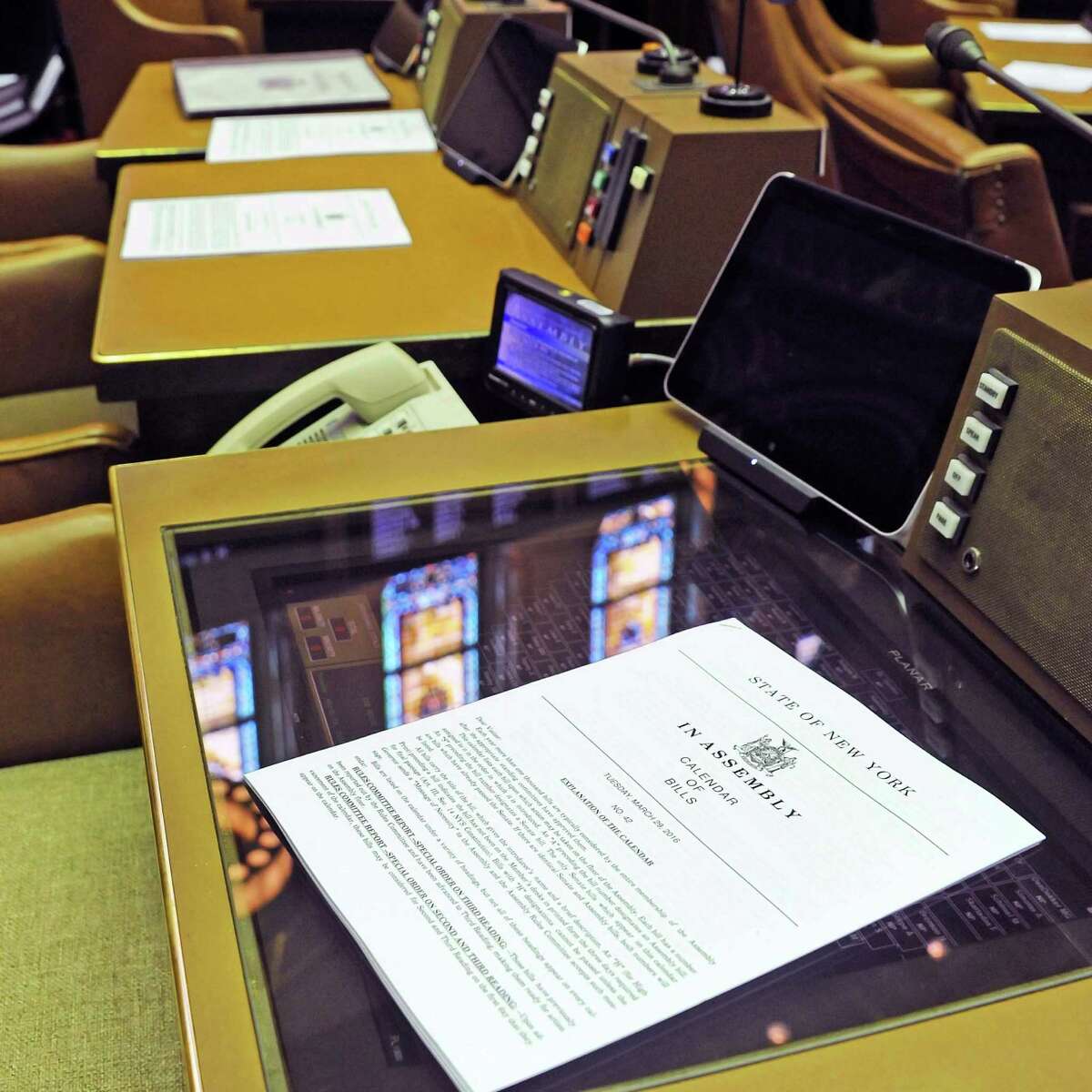 Calendar of Bills await legislators in the Assembly Chambers on Tuesday, March 29, 2016, at the Capitol in Albany, N.Y. (John Carl D'Annibale / Times Union archive)