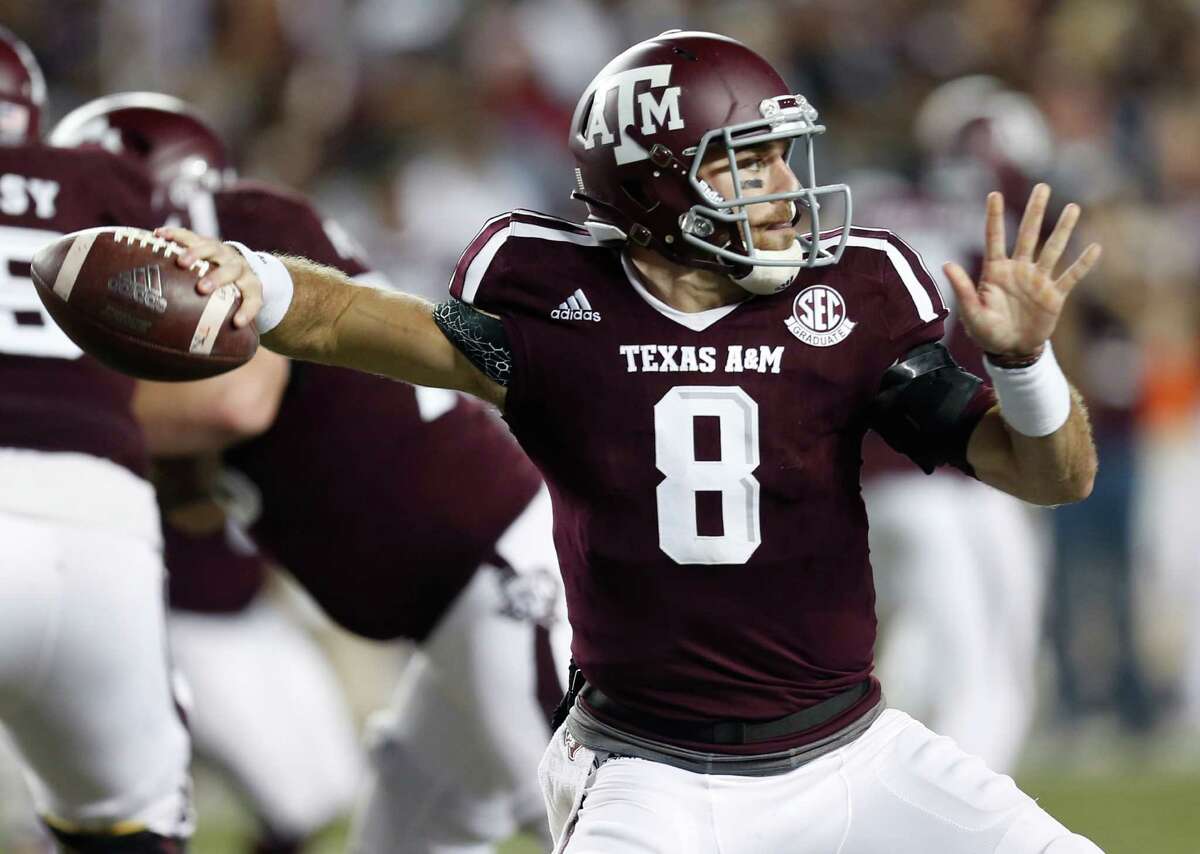 Texas A&M quarterback Trevor Knight (8) throws a pass against LSU during the third quarter of an NCAA football game at Kyle Field on Thursday, Nov. 24, 2016, in Houston.