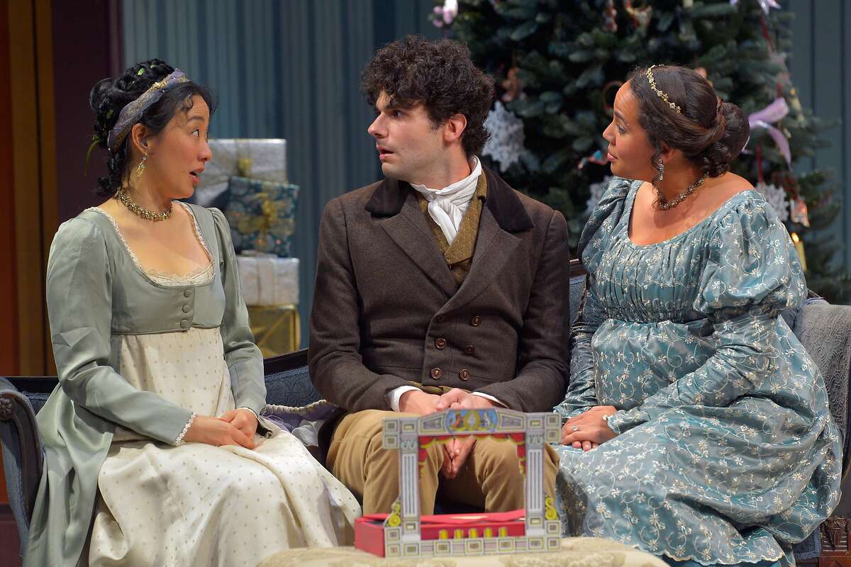 Elizabeth Darcy (Cindy Im, left), Arthur de Bourgh (Adam McGill) and Jane Bingley (Lauren Spencer) in Marin Theatre Company's "Miss Bennet: Christmas at Pemberley."