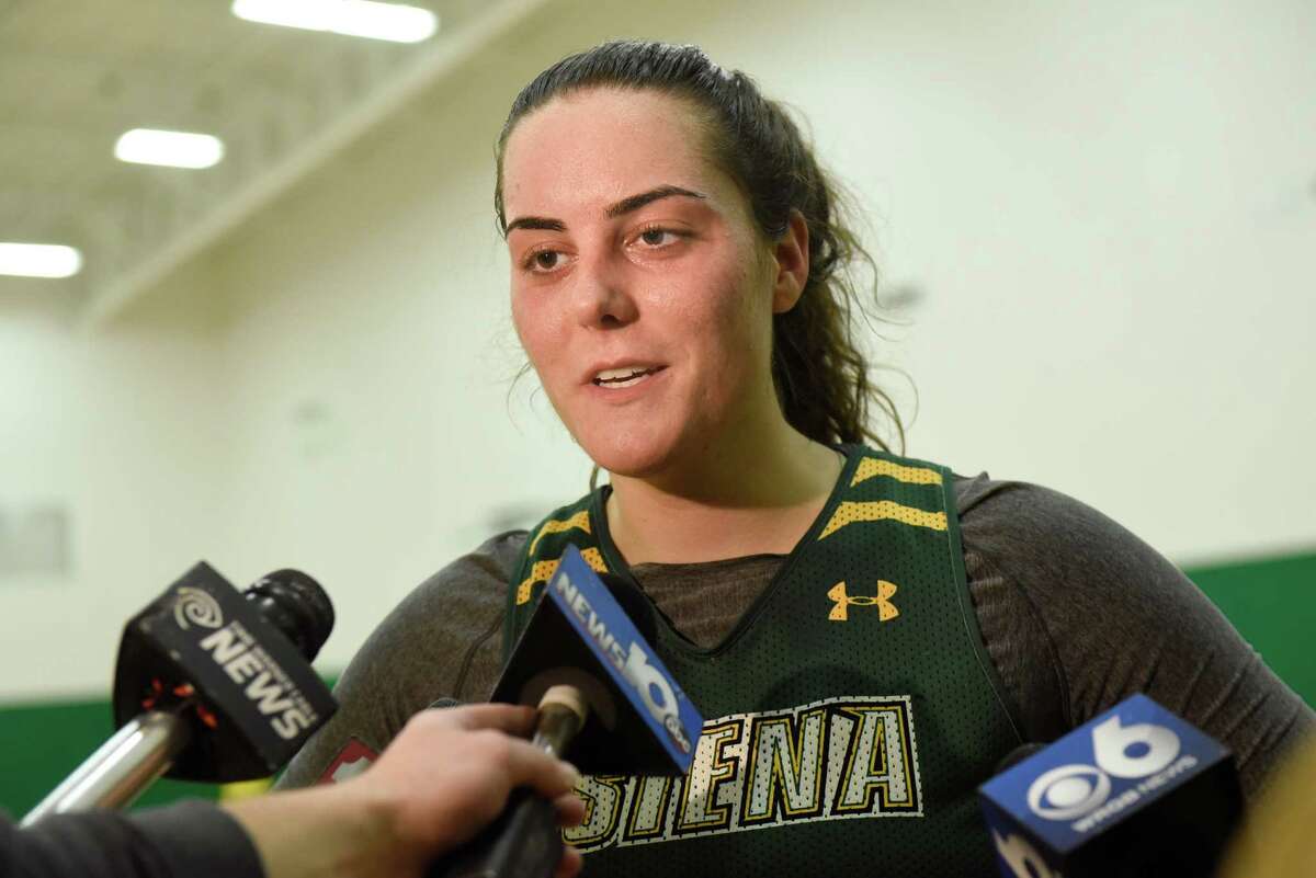 Siena's Meghan Donohue talks with the media about Sunday's basketball game against crosstown rival UAlbany on Friday, Nov 25, 2016, at Siena College in Loudonville, N.Y. (Cindy Schultz / Times Union)