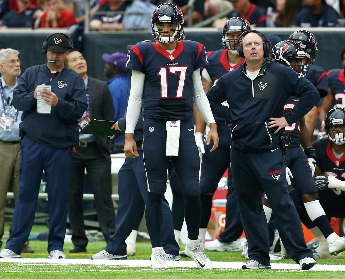 The Texans hope the 6-8 Brock Osweiler, center, stands tall for what has been a largely impotent offensive unit come Saturday in their wild-card game against the Raiders. Osweiler returns to the helm after being benched following 14 games as the starter.