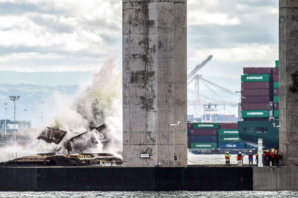 A marine foundation from the old eastern span of the old Bay Bridge is blown up on Saturday, Oct. 29, 2016 in San Francisco, Calif.