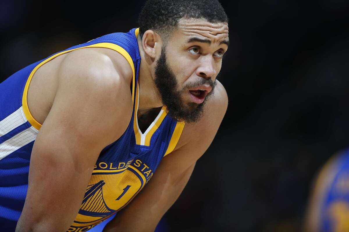 Golden State Warriors center JaVale McGee (1) in the first half of an NBA basketball game Thursday, Nov. 10, 2016, in Denver. (AP Photo/David Zalubowski)