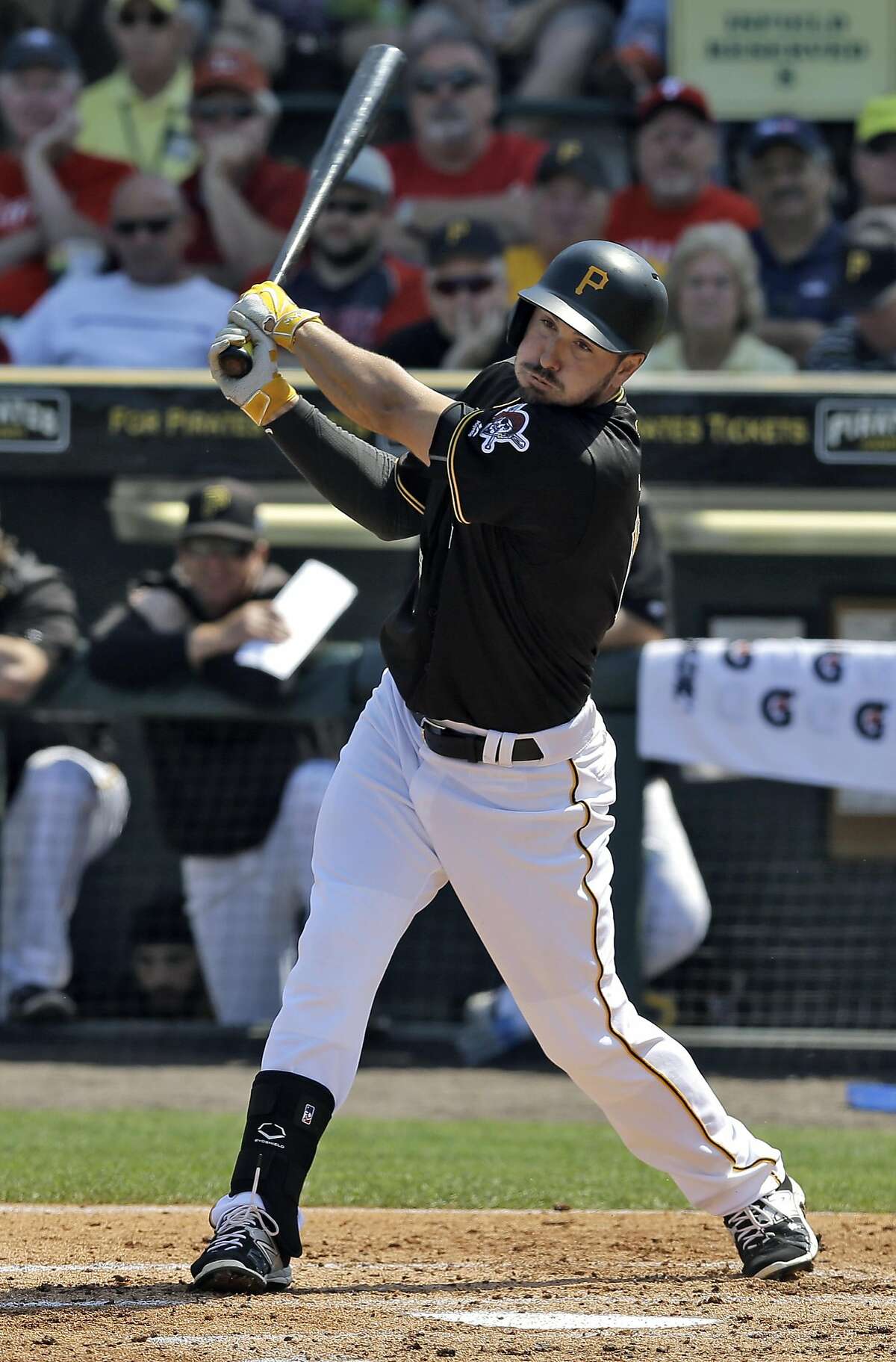 Pittsburgh Pirates' Matt Joyce bats against the Philadelphia Phillies during the third inning of a spring training baseball game Monday, March 7, 2016, in Tampa, Fla. (AP Photo/Chris O'Meara)