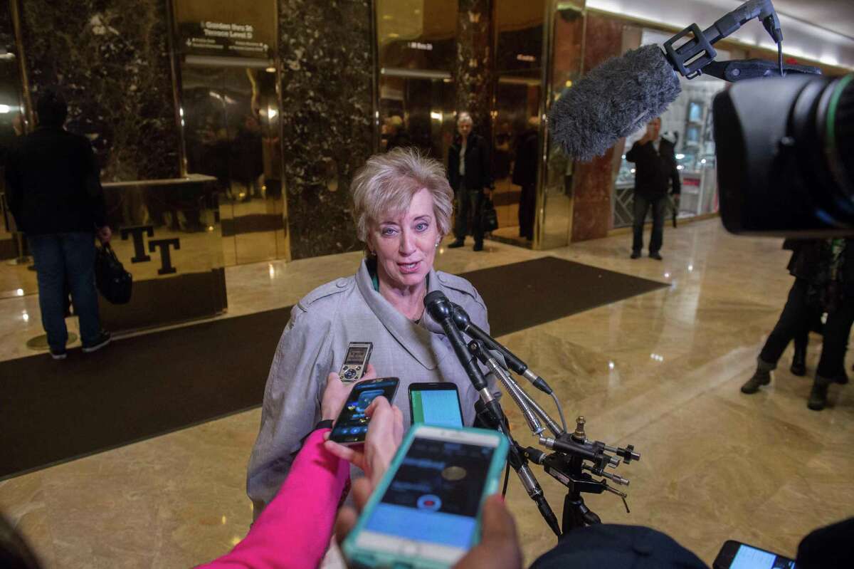 Former Republican Party Senate candidate Linda McMahon speaks to the media at Trump Tower, November 30, 2016 in New York, after meetings with US President-elect Donald Trump.