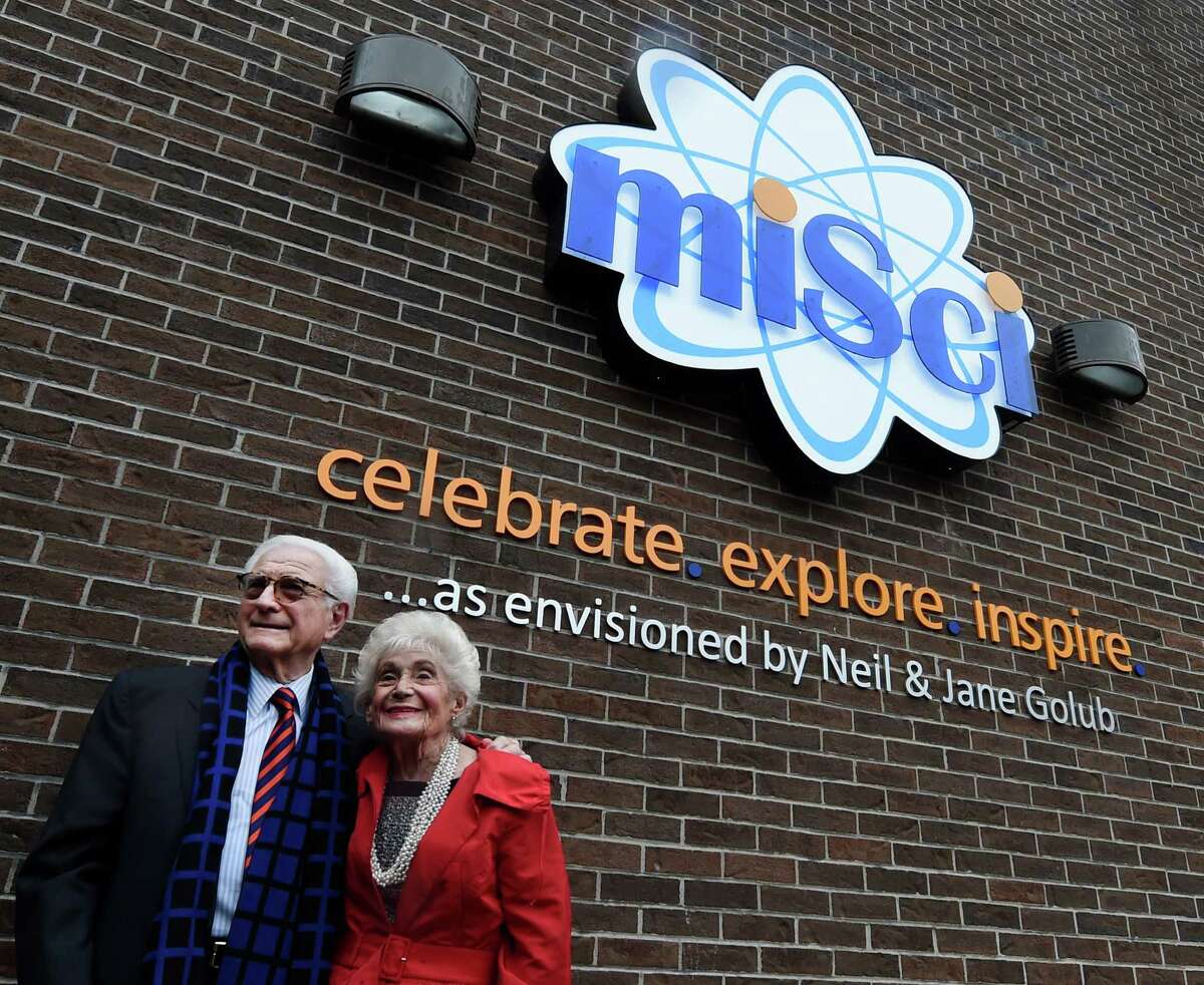Neil and Jane Golub pose for a photo outside the Museum of Innovation and Science (miSci) where the pair was honored for their years of dedication to the museum on Wednesday, Nov. 30, 2016, in Schenectady, N.Y. (Skip Dickstein/Times Union)