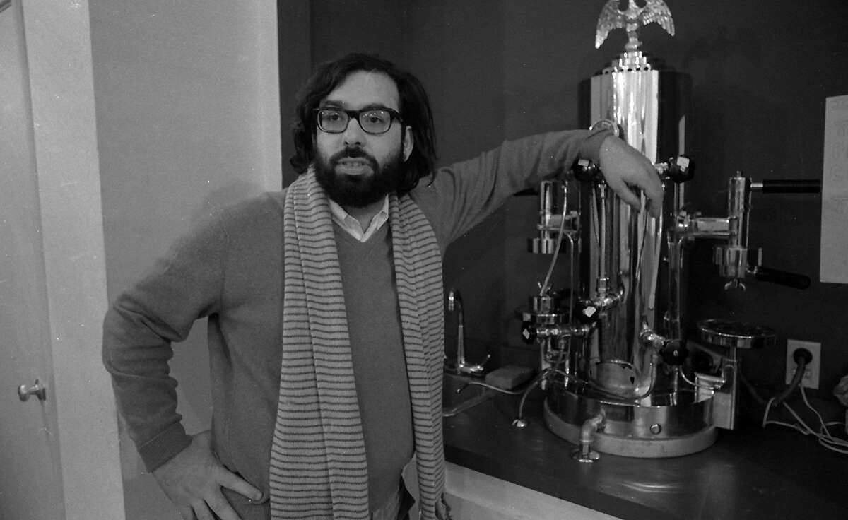 Francis Ford Coppola poses next to his espresso machine at Zoetrope Studios on Folsom Street on Dec. 10, 1969.