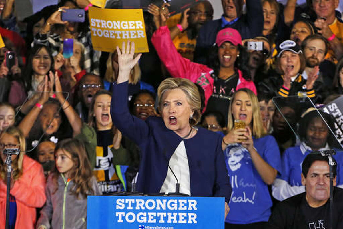 Democratic presidential candidate Hillary Clinton concludes her remarks at a Pennsylvania Democrats Pittsburgh Organizing Event at Heinz Field in Pittsburgh, Friday, Nov. 4, 2016. (AP Photo/Gene J. Puskar)