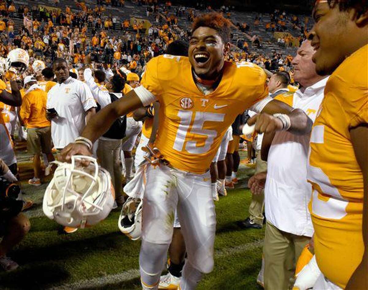 Tennessee wide receiver Jauan Jennings (15) dances on the field following a victory over Tennessee Tech in an NCAA college football game Saturday, Nov. 5, 2016, in Knoxville, Tenn. (Michael Patrick/Knoxville News Sentinel via AP)