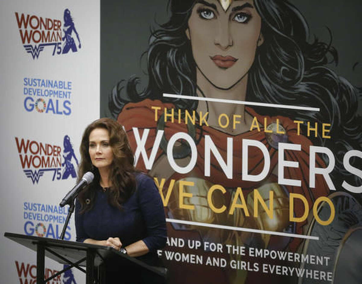 Lynda Carter, who played Wonder Woman on television, speaks during a U.N. meeting to designate Wonder Woman as an "Honorary Ambassador for the Empowerment of Women and Girls," Friday, Oct. 21, 2016 at U.N. headquarters. (AP Photo/Bebeto Matthews)