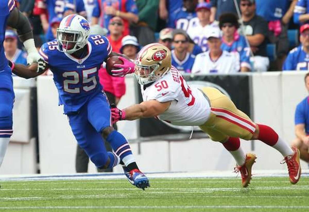 FILE - In this Oct. 16, 2016, file photo, Buffalo Bills running back LeSean McCoy (25) breaks away from San Francisco 49ers inside linebacker Nick Bellore (50) during the first half of an NFL football game in Orchard Park, N.Y. McCoy did not finish practice Wednesday, Oct. 19, 2016, after hurting one of his hamstrings. Coach Rex Ryan said that McCoy was being evaluated by trainers. He didn't have any details about how McCoy was hurt and didn't know the severity of the injury. (AP Photo/Bill Wippert, File)