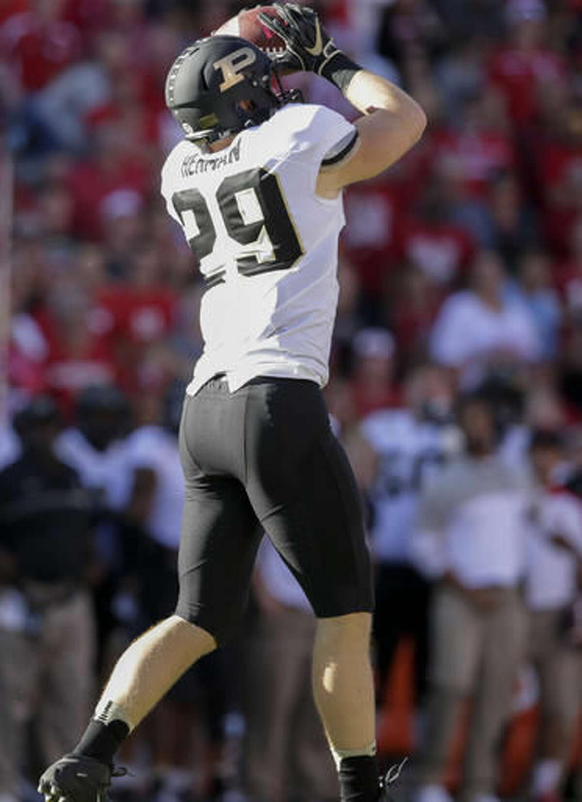 Purdue linebacker Jimmy Herman (29) intercepts a ball thrown by Nebraska quarterback Tommy Armstrong Jr. during the first half of an NCAA college football game in Lincoln, Neb., Saturday, Oct. 22, 2016. (AP Photo/Nati Harnik)