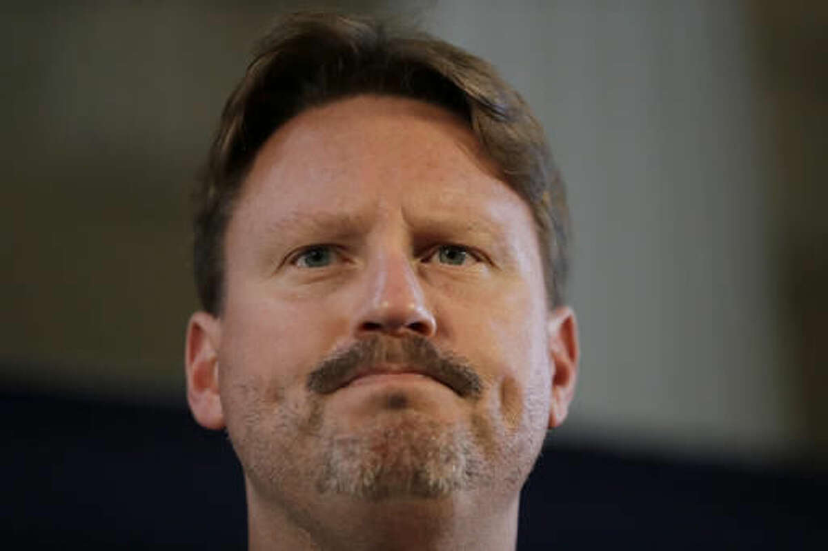 New York Giants head coach Ben McAdoo answers questions from journalists during a press conference at Syon House in Syon Park, south west London, Friday, Oct. 21, 2016. The Los Angeles Rams are due to play the New York Giants at Twickenham stadium in London on Sunday in a regular season NFL game. (AP Photo/Matt Dunham)