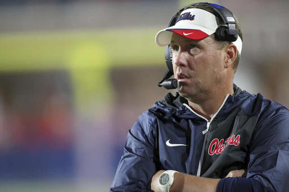 FILE - In this Saturday, Oct. 1, 2016, file photo,Mississippi head coach Hugh Freeze looks on against Memphis during an NCAA football game at Vaught-Hemingway Stadium in Oxford, Miss. Mississippi takes on LSU on Saturday. (James Pugh/The Laurel Chronicle, via AP, File)