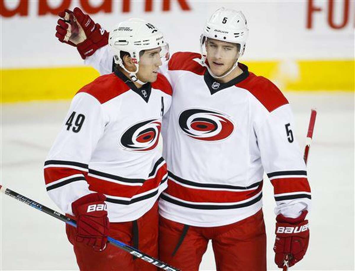 Carolina Hurricanes' Victor Rask, left, from Sweden, celebrates his goal with teammate Noah Hanifin during the first period of an NHL hockey game against the Calgary Flames, Thursday, Oct. 20, 2016 in Calgary, Alberta. (Jeff McIntosh/The Canadian Press via AP)
