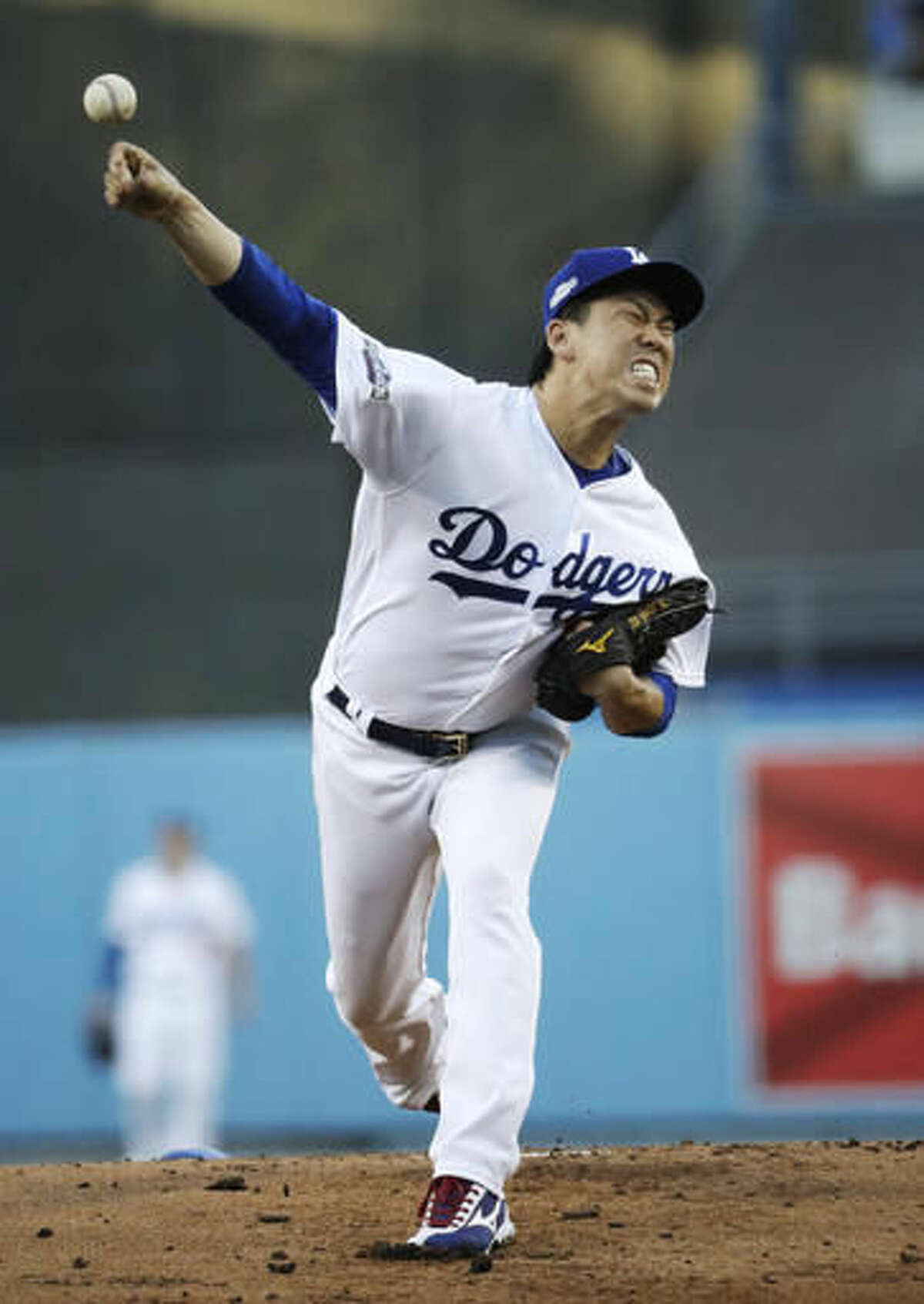 Los Angeles Dodgers starting pitcher Kenta Maeda throws during the first inning of Game 5 of the National League baseball championship series against the Chicago Cubs Thursday, Oct. 20, 2016, in Los Angeles. (AP Photo/David J. Phillip)