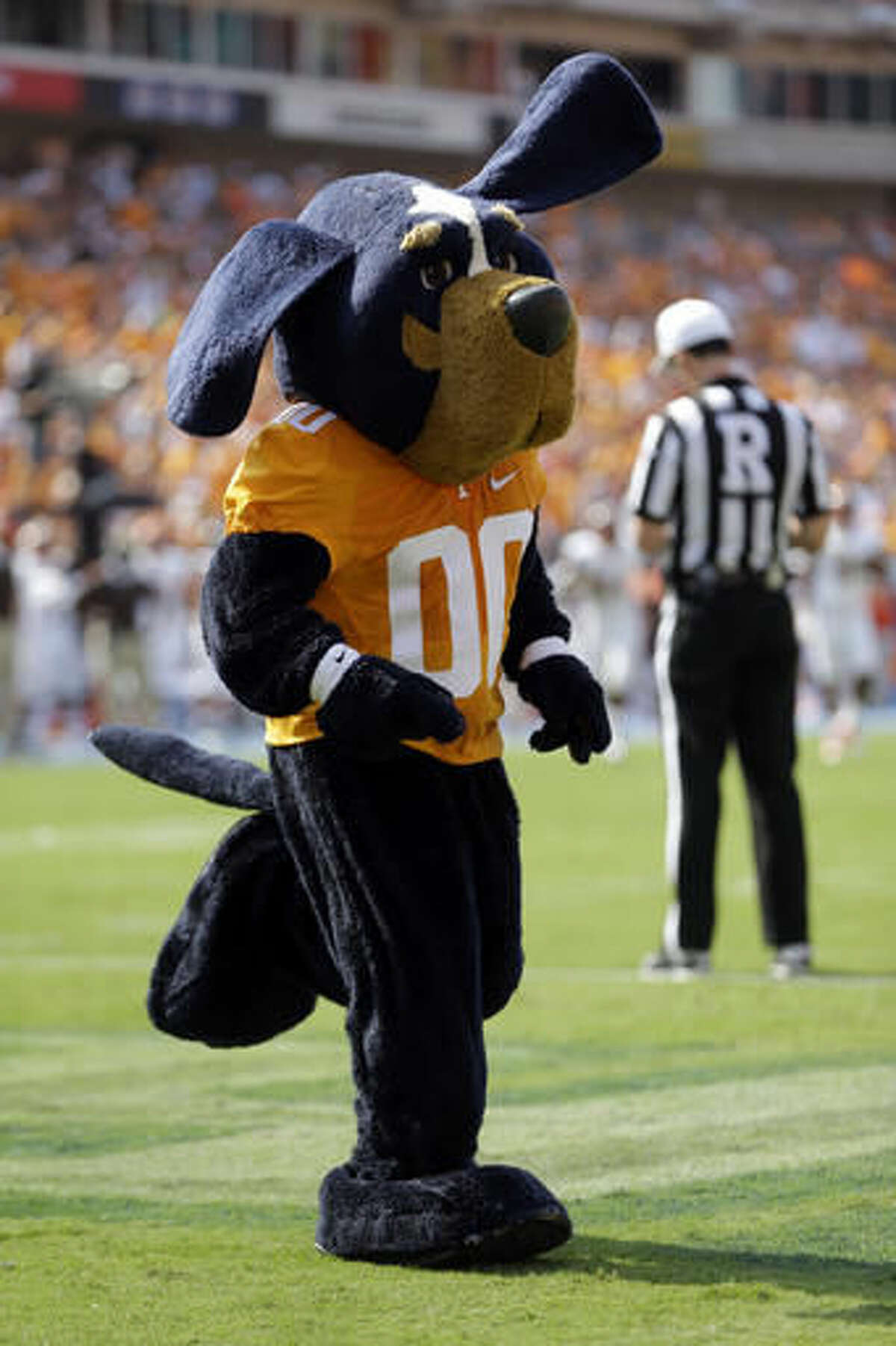 FILE -- In this Sept. 5, 2015, file photo, the Tennessee mascot, Smokey, runs across the field in the first half of an NCAA college football game between Tennessee and Bowling Green in Nashville, Tenn. Smokey is among the 10 pro and seven collegiate mascots that have been inducted into the Mascot Hall of Fame will be built in Whiting, Ind. (AP Photo/Mark Humphrey, File)