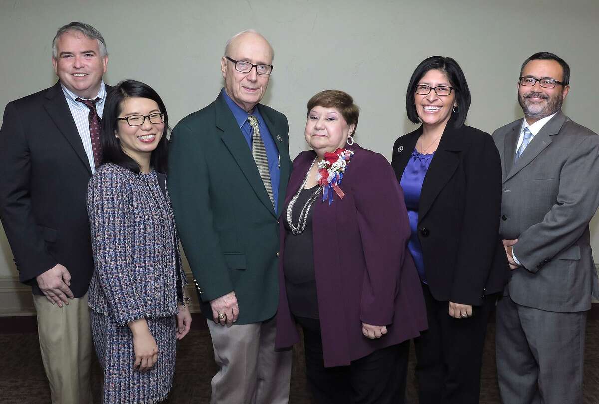 In this Dec. 1, 2016 file photo, U.S. Magistrate Judge J. Scott Hacker, U.S. Magistrate Judge Diana Song Quiroga, Senior U.S. District Judge George P. Kazen, U.S. District Judge Diana Saldaña and U.S. Magistrate Guillermo R. Garcia pose for a photo during a retirement luncheon for Rosie Rodriguez, third from right, the supervisor for the clerk’s office for the Southern District of Texas-Laredo division.