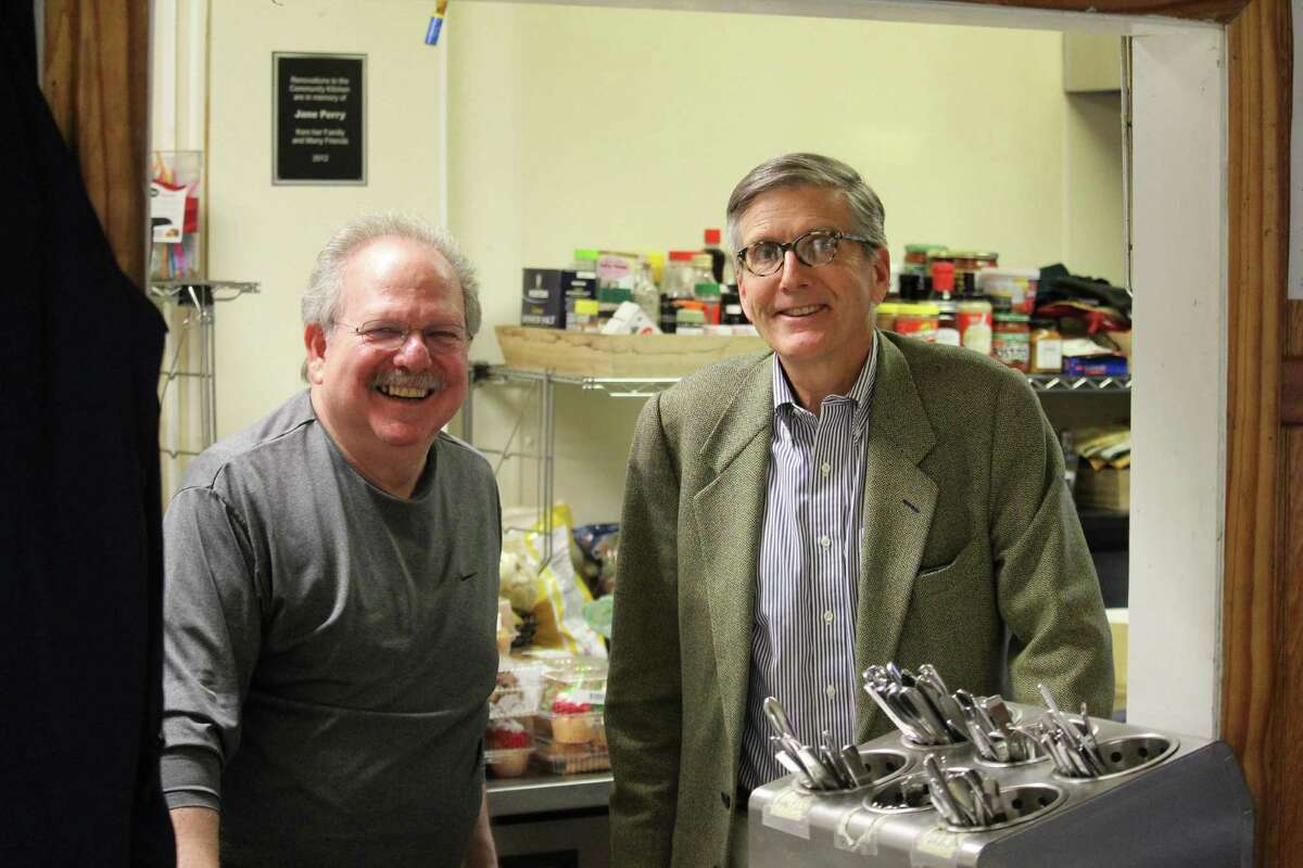 Steve Goldfarb, who is staying at the Gillespie Center while he gets back on his feet, stands in the Westport center’s kitchen with Homes with Hope President Jeff Wieser on Nov. 29.