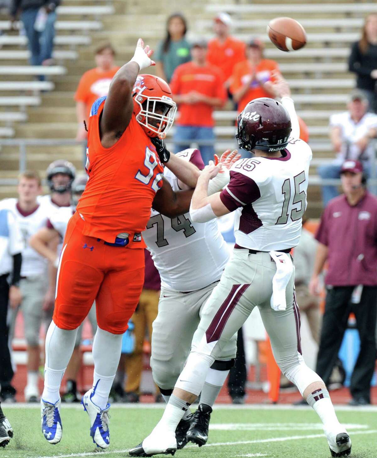 Sam Houston State DE P.J. Hall (92) is tied for 5th in FCS play with 21 tackles for loss, leading to him being awarded Southland Conference defensive player of the year.