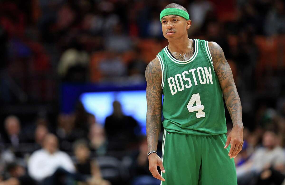 Isaiah Thomas of the Boston Celtics warms up during the game against
