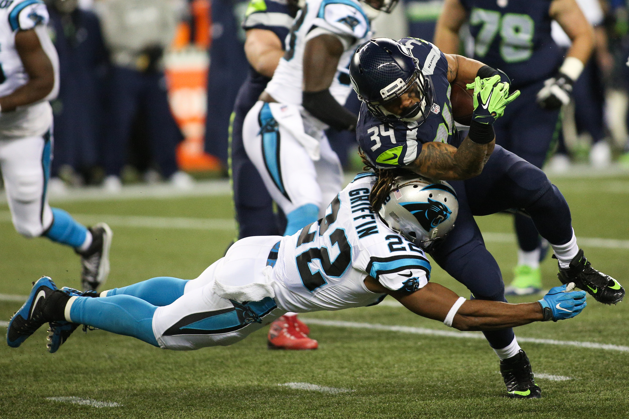 Seattle Seahawks strong safety Kam Chancellor (31) collides with Seattle  Seahawks free safety Earl Thomas (29) during a near interception while  covering Carolina Panthers tight end Greg Olsen (88) at CenturyLink Field