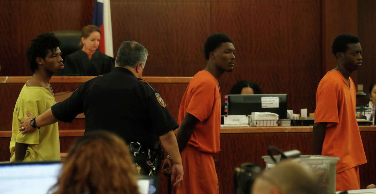 Philip Battles, 18; left, Ferrell Dardar, 17, center, and Marco Alton Miller, 17, right appeared before Judge Katherine Cabaniss at the Harris County Criminal Courthouse, Monday,Dec. 5, 2016 in Houston, they have been charged with capital murder in the shooting death of a 4-year-old girl killed during a robbery as her family was unloading groceries. Ava Castillo died and her mother and 10-year-old sister were injured Nov. 14 in the parking lot of their Greenspoint-area apartment complex.
