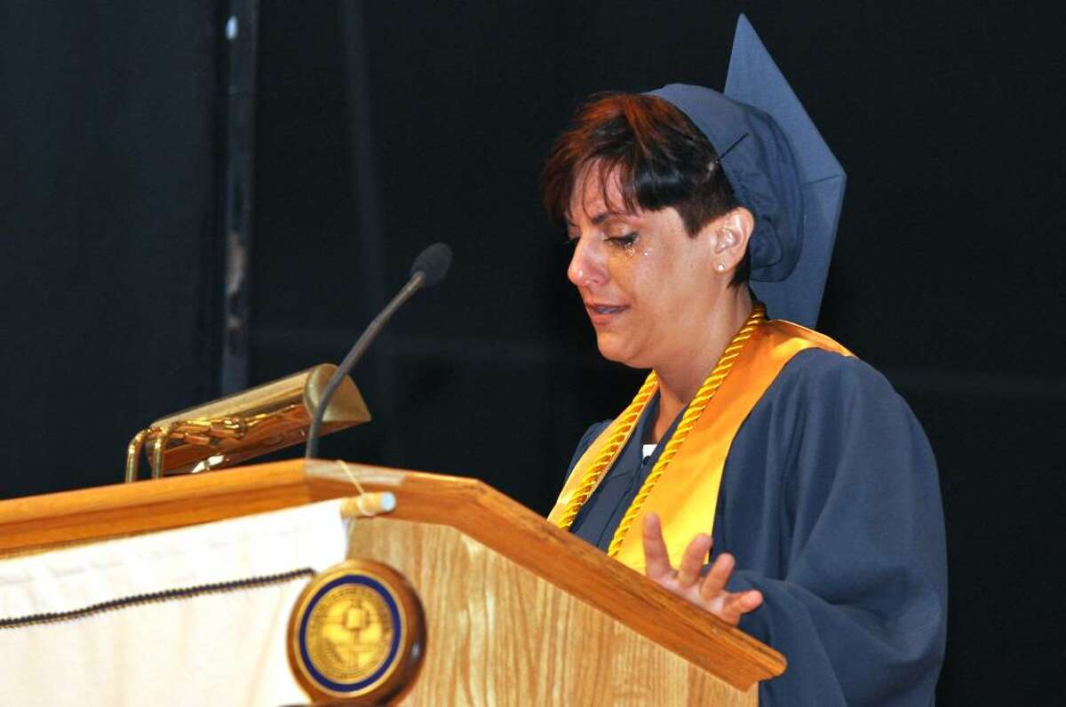 Class speaker Nancy Niccioli fights back tears during the 2010 St. Vincent's College Commencement Ceremony held at the Regina A. Quick Center at Fairfield University on Friday, May 21, 2010.