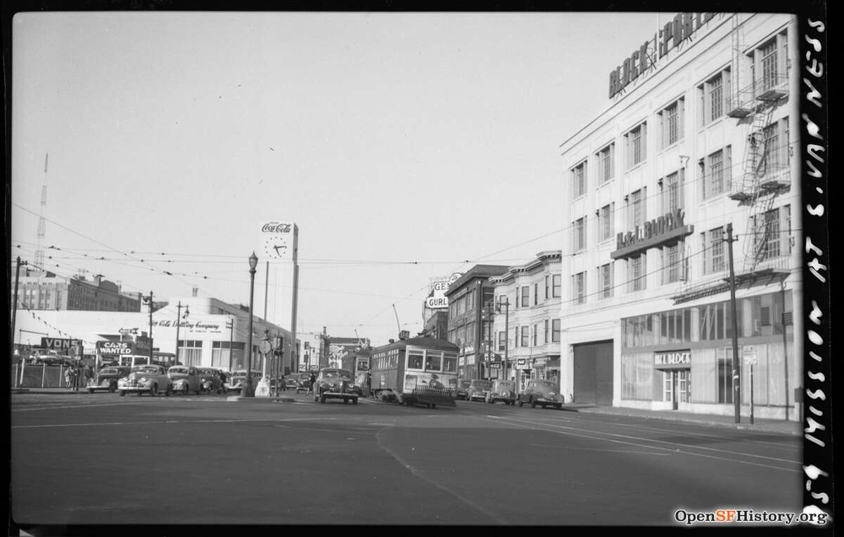 Mission and South Van Ness 1946, 14-Line Muni #959, looking east down Mission, Coca Cola bottling plant, tower seen near the center of the photo. Courtesy of OpenSFHistory.org.