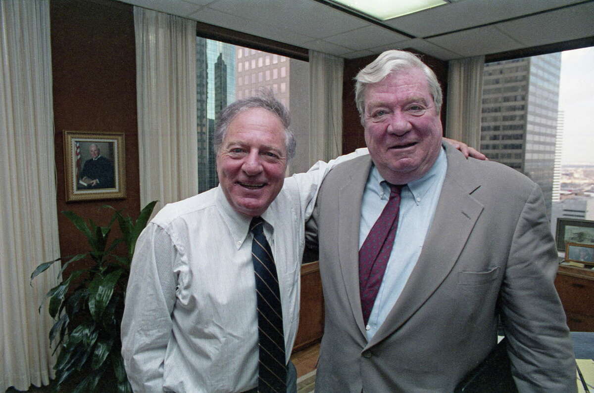 02/12/1987 - (L-R) Attorney Joe Jamail and Pennzoil chairman J. Hugh Liedtke wear billion-dollar smiles at Jamail's office after the Texas 1st Court of Appeals upheld most of the $10.53 billion jury award to Pennzoil against Texaco Inc.