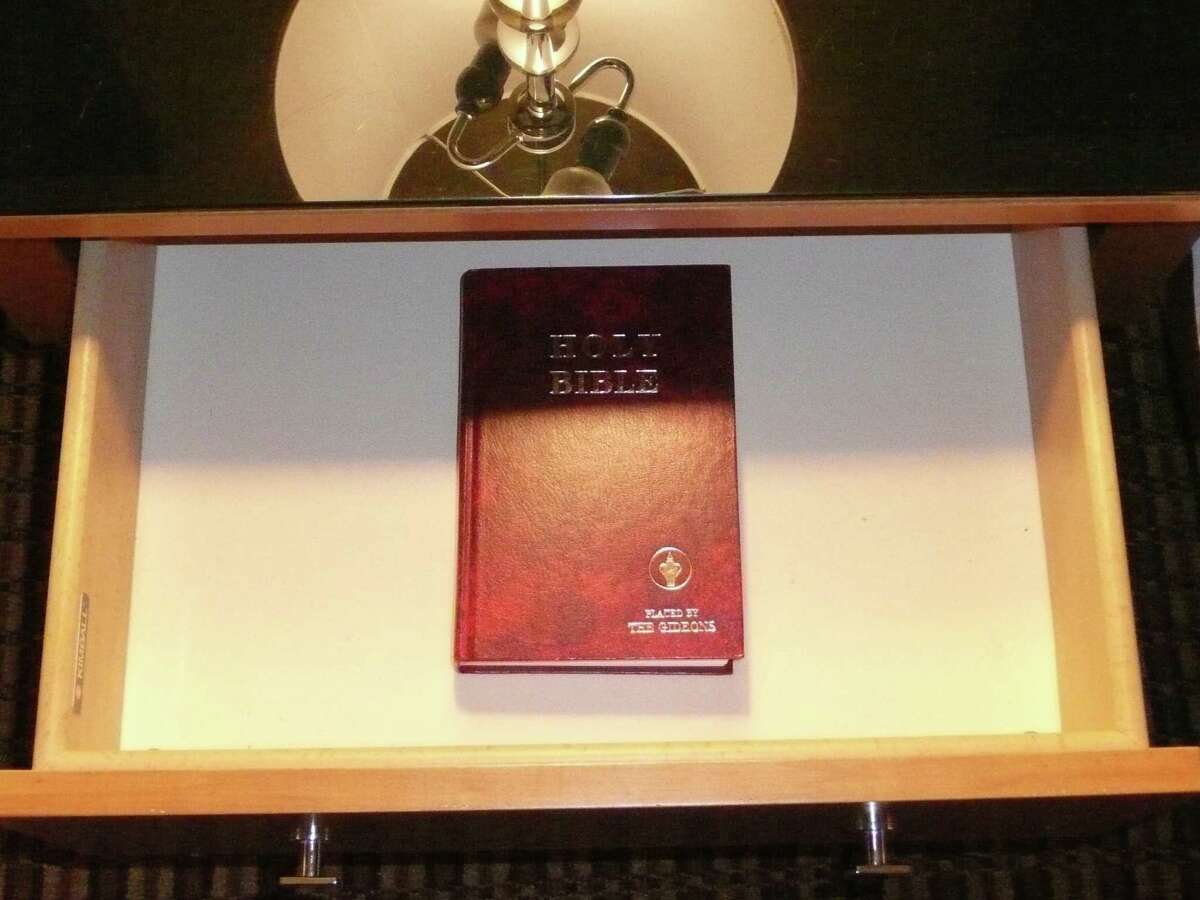 A Gideon Bible where it's often found, in a hotel nightstand.