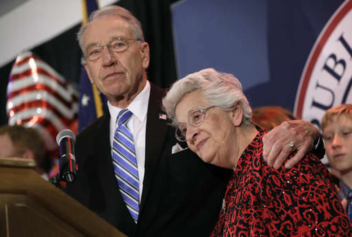 Sen. Charles Grassley, R-Iowa, hugs his wife Barbara as he speaks during an election night rally, Tuesday, Nov. 8, 2016, in Des Moines, Iowa. (AP Photo/Charlie Neibergall)