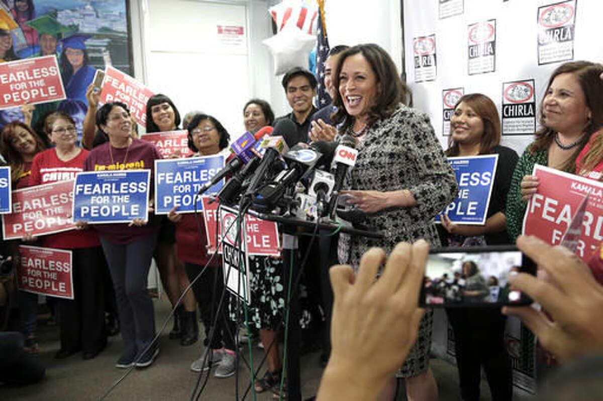 Senator-elect Kamala Harris addresses the media as she meets with immigrant families and their advocates to discuss the election results and the nation's future at The Coalition for Humane Immigrant Rights in Los Angeles, Thursday, Nov. 10, 2016. Harris said she will fight to preserve protections advocates fear could be dismantled once Donald Trump becomes president. (AP Photo/Nick Ut)